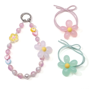 Pastel tulip acrylic bead keychain and floral hair ties set for DIY accessories