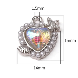 Dainty heart charm with iridescent gemstone and pearl border for DIY jewelry