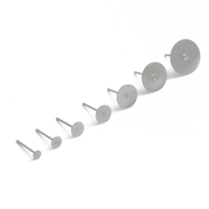 DIY stainless steel flat head stud earring findings in 7 various sizes on white background