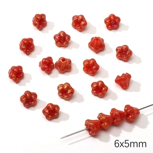 6x5mm red four-leaf clover Czech glass beads with golden pearl finish for DIY jewelry
