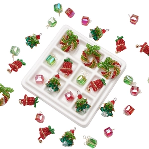 Handmade Christmas beads set featuring mini glass tree, wreath, bell and gift box pendants