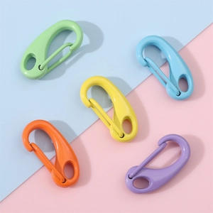 Set of five colorful alloy lobster spring hooks in green blue yellow orange and purple finish