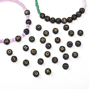 4x7mm black acrylic flat round alphabet beads with gold letters for DIY jewelry making