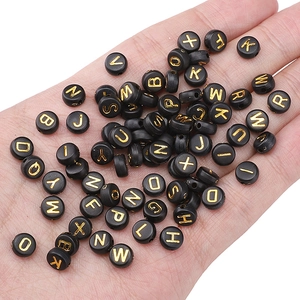 Black 4x7mm acrylic round alphabet beads with gold letters for DIY jewelry making