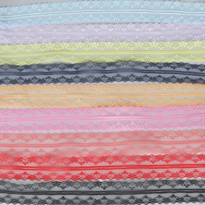Macro view of colorful polyester lace trims with scalloped edges for DIY sewing and crafting