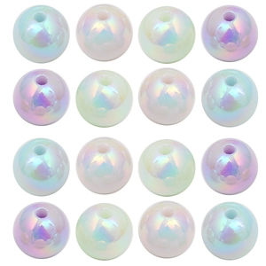 Macro detail of 16mm iridescent acrylic round beads showing rainbow coating for DIY jewelry