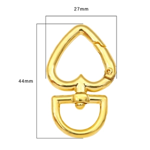 Polished gold heart-shaped lobster clasp with rotating D-ring, size 44mm x 27mm