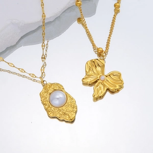18K gold plated stainless steel necklaces with lava texture pearl and butterfly pendant