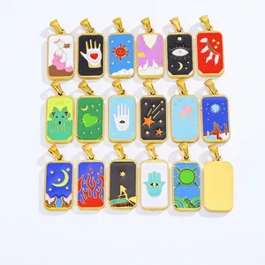 Edelstahl Tarotkarte Anhänger Rechteckig Emaille Sonne Mond Stern Auge Hamsa Hand Charms Für DIY Halskette Schmuckherstellung
