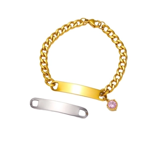 Bracciale cubano placcato oro con piastrina identificativa vuota e ciondolo in zircone rosa