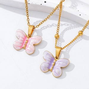 Colliers papillon en acier inoxydable doré avec dégradés de rose et de violet