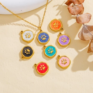 18k gold plated stainless steel necklace with colorful pet paw print enamel pendants