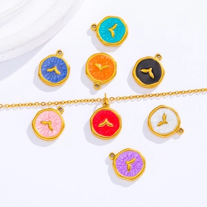 Colorful enamel round pendants with gold trim and V-embossed detail for DIY jewelry