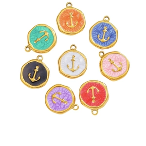 Set of 8 round 18k gold plated anchor pendants with colorful enamel inlay for jewelry making