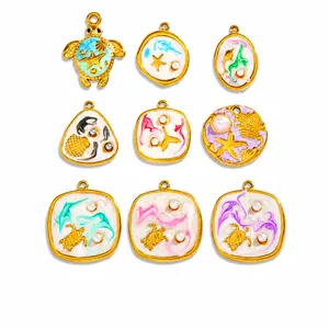 Ocean Theme Stainless Steel Pendants Jewelry Making Enamel Marine Charms Artificial Pearl Sea Turtle Starfish Shell Dolphin Charms