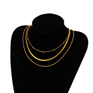 Three-layer gold-plated stainless steel necklace set with bead and snake chain textures