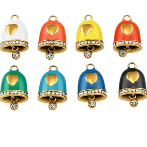 Set of 8 colorful enamel bell heart pendants with sparkling rhinestones for jewelry making