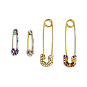 Polished gold safety pin brooch set with sparkling multicolor rhinestones for DIY fashion