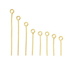 Golden stainless steel eye pins for jewelry making in various lengths on white background