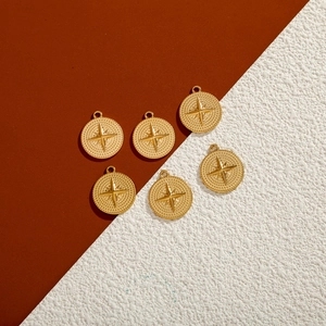 Detail of six gold-plated starburst compass pendants with textured edges on a split background