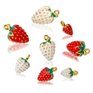 3D stainless steel strawberry charms in red and white enamel for DIY jewelry making