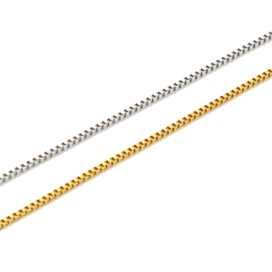 Minimalist 1.5mm stainless steel box chains in polished gold and silver finishes
