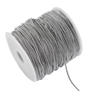 Detail view of 1.5mm silver stainless steel box chain wound on a white plastic spool