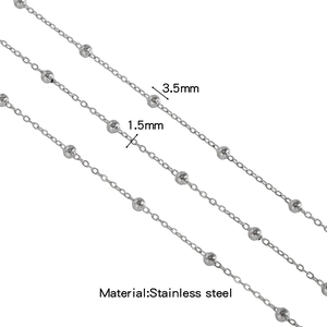 Macro detail of 3.5mm silver stainless steel bead chain with dimensions and material specs