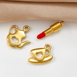 Golden tea pot cup and lipstick charms set in polished titanium steel for DIY jewelry