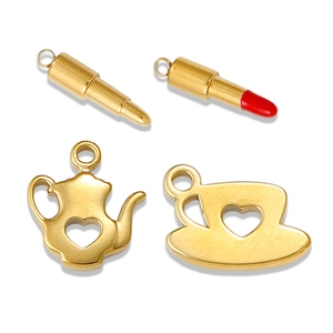 Golden lipstick, teapot, and teacup metal charms for DIY jewelry and accessories