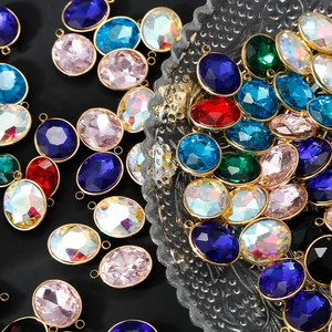 18K gold plated stainless steel oval crystal pendants in vibrant colors for DIY jewelry