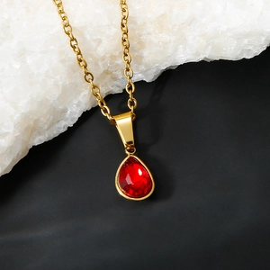 Elegant 18K gold plated stainless steel necklace with a red teardrop glass pendant