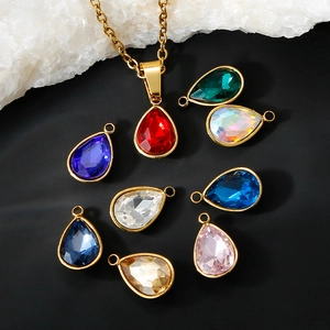Waterdrop shaped glass pendants with gold plated edges in various vibrant colors