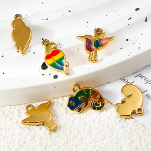 Colorful enamel bird and chameleon animal pendants in polished gold stainless steel finish