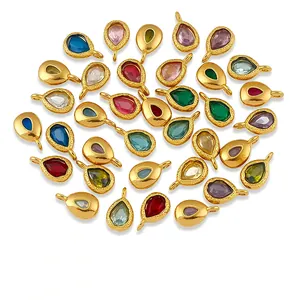 18K Gold Plated Stainless Steel Waterdrop Birthstone Pendant With Zirconia Teardrop Charm Only For DIY Jewelry Making Women
