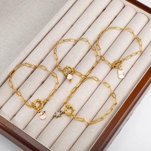 Golden stainless steel link bracelets with colorful enamel snowman and snowflake pendants