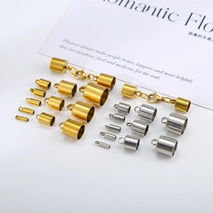 Detailed view of various sizes of stainless steel cord end caps with lobster clasps