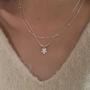 S925 sterling silver double layered necklace with small flower pendant for women