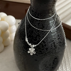 S925 Sterling Silver Flower Pendant Necklace with Small Beads on Minimalist Link Chain