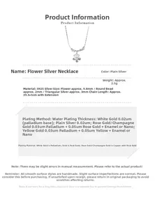Detail showing S925 silver flower pendant necklace specifications and measurements