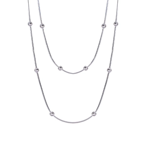 Minimalist double layer silver snake chain necklace with polished beads on white background
