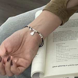 Handmade S925 sterling silver woven bracelet with silver beads and rectangular pendant