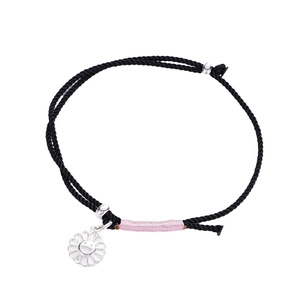 S925 sterling silver woven sunflower smile bracelet with black rope and pink detail
