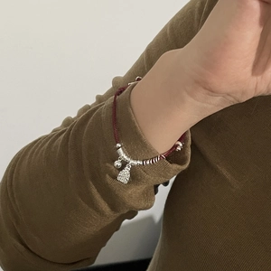 S925 sterling silver red braided bracelet with bell charm and engraved peace plaque
