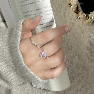 Ensemble de bagues en argent S925 avec zircon rose en forme de cœur sur tricot