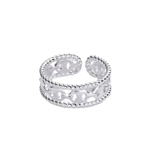 Bague ouverte en argent S925 avec maillon de chaîne et détails de corde torsadée