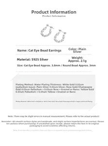 Detail view of 925 sterling silver stud earrings with 3.8mm cat eye beads and 3mm round beads