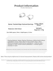 Detailed size chart and specifications for S925 sterling silver twisted texture earrings