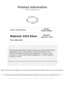 Detailed specs of S925 sterling silver winding ring with 3.4g weight and adjustable size