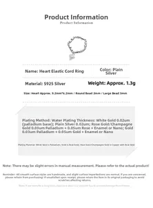 Detail showing S925 silver heart elastic cord ring with dimensions and technical specifications